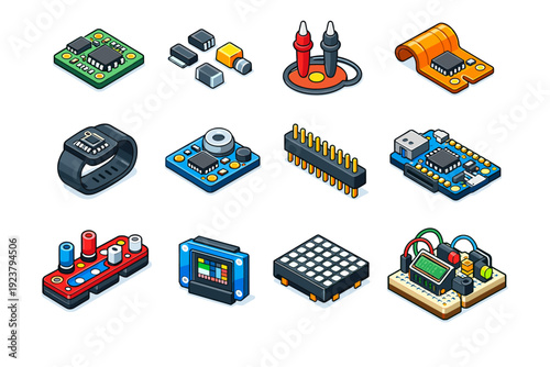 Miniature Electronics. Colorful isometric vector icons set of Miniature Electronics: mini circuit board, surface mount parts, multimeter test point, flex PCB,