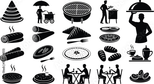 Black and white illustrations of various food and people eating outdoors and indoors  restaurants