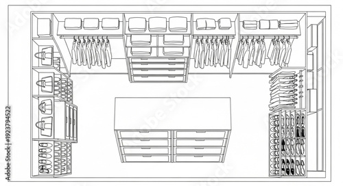 Detailed illustration of a walk-in closet with various storage solutions and clothing racks.