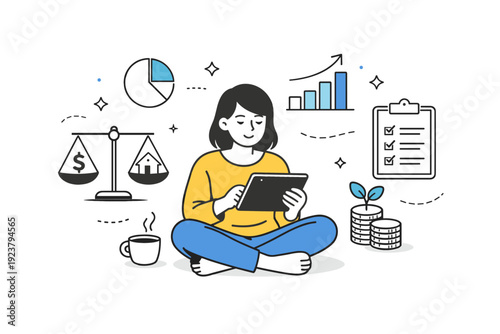 Financial wellness graphics. A calm scene with a person reviewing finances on a tablet, balance icons and simple charts floating nearby, expressing confidence
