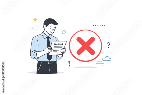 Facing consequences. A worker calmly reviews a feedback note next to a failed result icon, maintaining composed body language. The illustration conveys