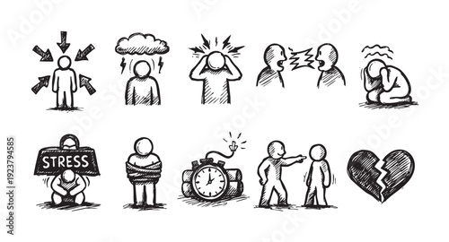 Hand-drawn illustrations depicting stress, pressure, conflict, depression, and broken heart, useful for illustrating articles and blogs dealing with mental health issues.