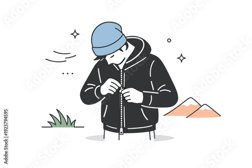 People adjusting clothing. A person outdoors fastening a button or zipper, head lowered against the breeze. Quiet transition between spaces