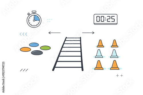 Indoor reaction training setup. Simple arrangement of agility ladders, markers, and timer icons on a gym floor, illustrating speed and