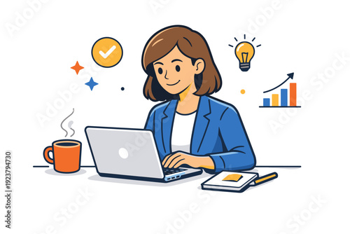 Corporate lifestyle a confident employee working comfortably with a laptop and coffee, conveying focus, efficiency, and a positive work