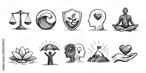 Black and white sketch icons showing balance, wave, shield with plant, mental health, meditation pose, lotus, umbrella, mindset, mountain peak, and helping hand.