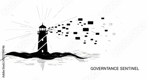 Lighthouse beam transforming into digital data streams, symbolizing guidance and information flow.