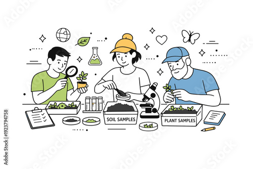 Community environmental lab. Volunteers sort plant and soil samples for ecological studies, subtle abstract dots and stars emphasizing