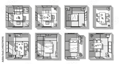 Architectural floor plans showcasing various room layouts and interior design concepts for homes.