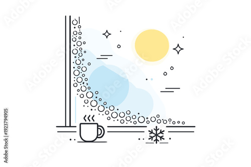 Condensation close-ups. Windowpane with tiny drops of condensation clustered gently along the edge, blurred light and soft gradients behind glass. Quiet