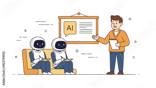 Young caucasian male teaching ai robots in classroom setting with interactive learning