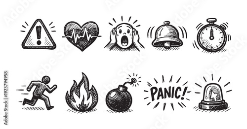 Hand-drawn sketch illustration featuring emergency, stress and panic related icons. Including alarm, heart, bomb, sirens, running person. Use for stress management, deadlines, or safety concepts.
