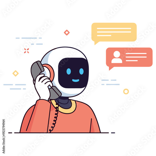Friendly robot communicating via telephone with chat bubbles