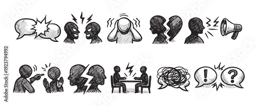 This black and white illustration displays various conflict icons: arguing, stress, broken heart, accusation, and confusion; suitable for content about communication, problems, or relationships.