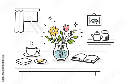 Flowers on kitchen tables with morning light. Soft daylight falls on a small bouquet placed on a table, suggesting a quiet start to the day. Gentle, peaceful