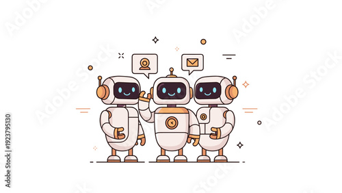 Three cute cartoon robots chatting with speech bubbles and icons