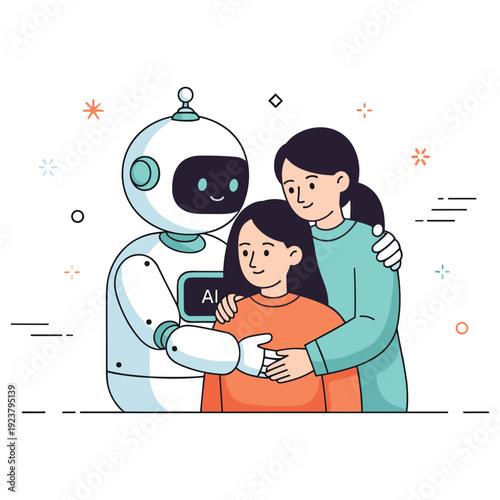 Robot hugging family with mother and daughter smiling