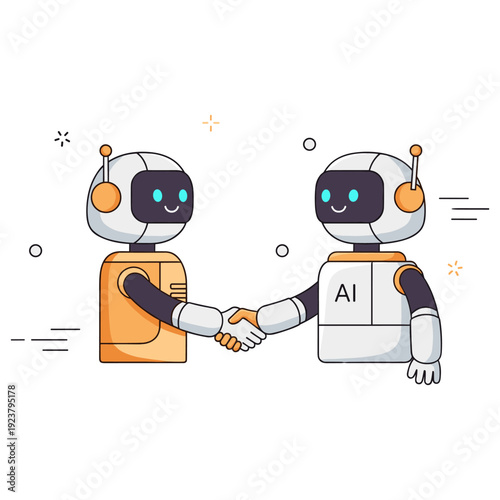 Two friendly robots shaking hands with smiling faces and ai labels