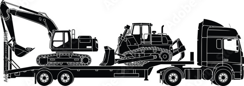 Heavy construction machinery transport silhouette featuring excavator and bulldozer loaded on flatbed truck isolated on white background industrial logistics and equipment delivery illustration