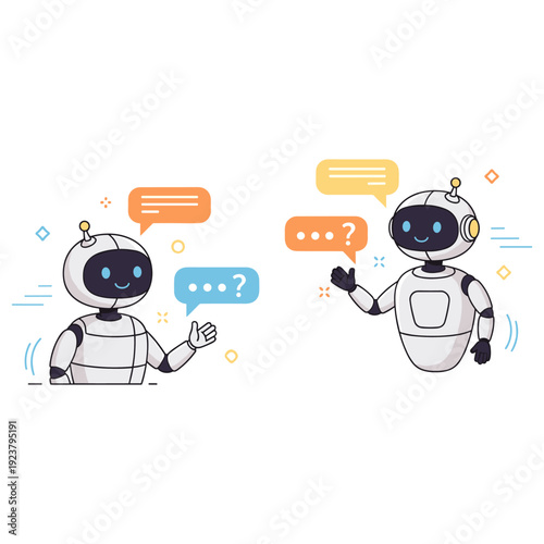 Cartoon robots communicating with speech bubbles and question marks