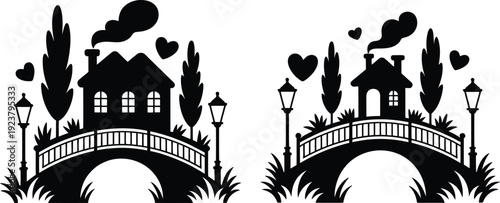 Black and white illustration of houses on bridges with trees and hearts around them