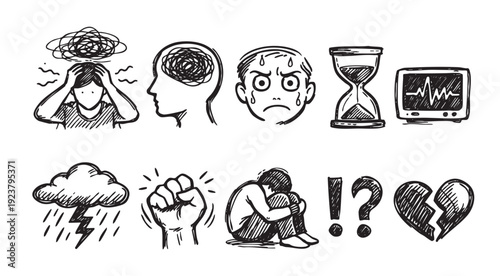 Hand-drawn style icons representing mental health struggles like anxiety, depression, and stress. Suitable for illustrations about mental health, therapy, or emotional well-being resources.
