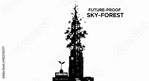 Tall skyscraper silhouette transforming into a vibrant forest, symbolizing nature's resilience and future growth.
