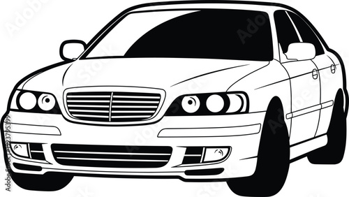 Modern luxury sedan car illustration isolated on white background, detailed black and white vehicle design for transportation, automotive branding, advertising, and graphic projects