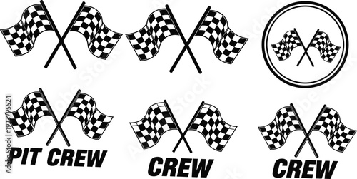 Racing checkered flags emblem set with crossed flag symbols and pit crew typography isolated on white background motorsport competition logo illustration collection