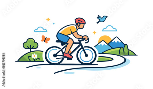 Cyclist enjoys a scenic ride through a vibrant landscape with mountains and a butterfly