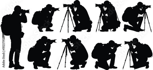 Photographer silhouettes using camera and tripod in different shooting poses isolated on white background professional photography illustration vector set