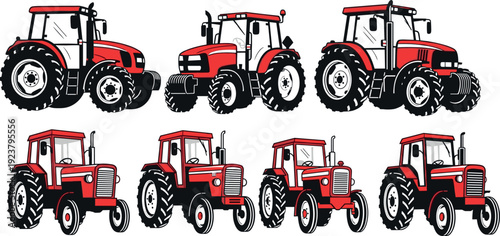 Red tractor illustration set featuring modern and vintage farm vehicles isolated on white background, agricultural machinery collection for farming, rural industry, and equipment design