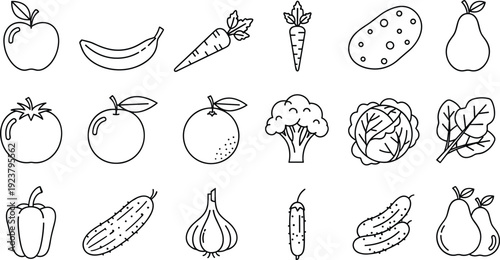 Outline Fruit and Vegetable Icons Set – Minimal Line Art Food Vector Collection