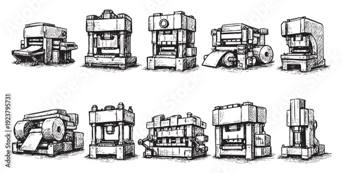 Hand-drawn vector illustration featuring various metal presses and industrial machines, suitable for engineering, manufacturing, or historical contexts. Retro, vintage style.