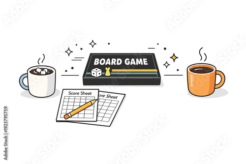 Cozy winter board game nights. Minimal coffee table setup with board game box, score sheets, and warm drink cups. Quiet social moment with