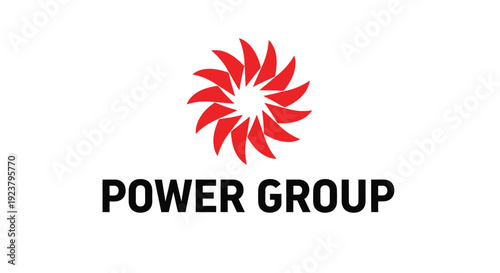 "Power Group" logo prominently displays a modern and dynamic corporate identity, featuring bold black typography paired with a striking vibrant red abstract circular emblem that effectively suggests e
