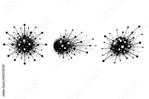 Neural network nodes, abstract yet realistic neural node cluster with central core nodes and radiating connections shown from front, side,