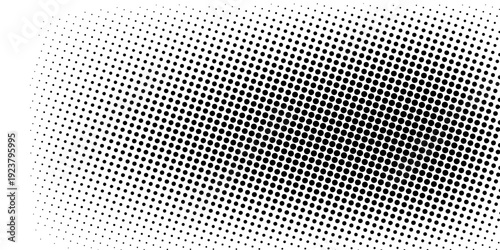 Abstract black and white halftone dot pattern background with a diagonal gradient effect. Ideal for retro pop art designs, comic book aesthetics, and modern minimalist graphic backgrounds