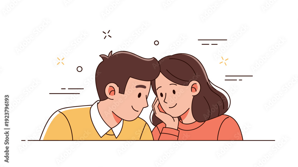 Fototapeta premium Young caucasian couple smiling with heads together in simple illustration