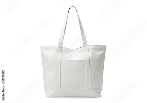 A white leather tote bag with a pocket on a plain white background from a front view © Sharmin