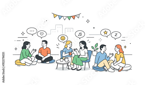 Diverse group of friends enjoying casual conversation and connection in a relaxed outdoor setting