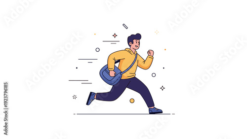 Young male in yellow hoodie running with blue bag - animated illustration