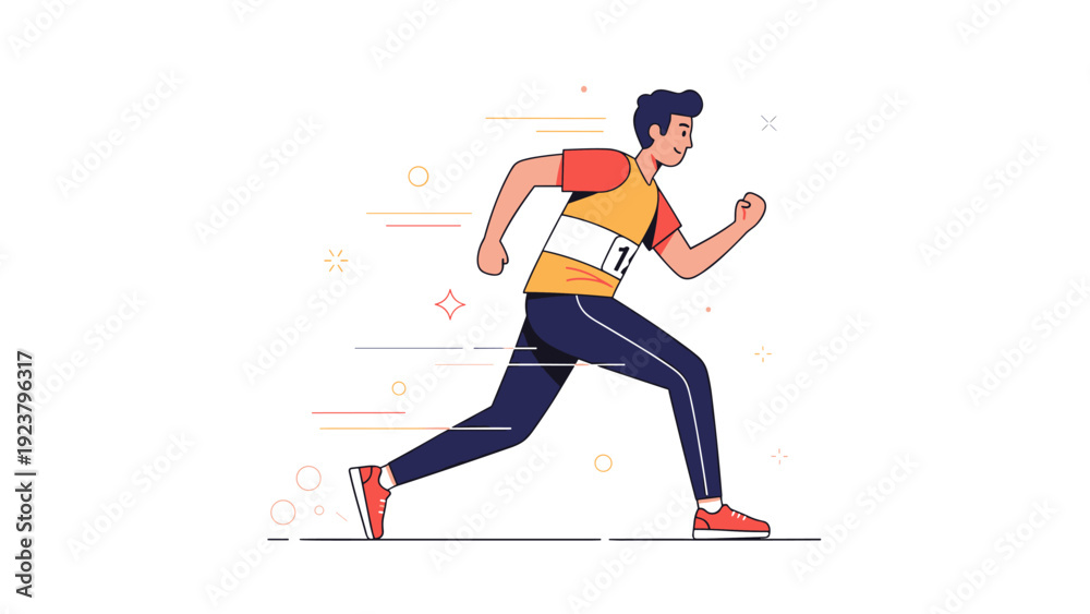 Fototapeta premium Young caucasian male runner in motion wearing race bib, athletic wear, and sneakers