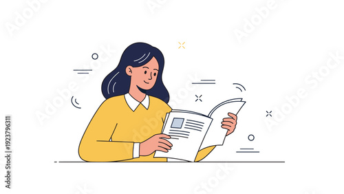 Young caucasian female reading book in yellow sweater illustration