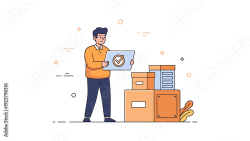 Young caucasian male organizing documents and boxes with checklist tablet