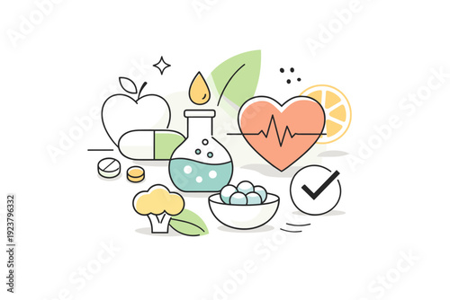 Functional nutrition abstract objects. Simplified shapes inspired by food, supplements, and health symbols interacting in a light, modern composition. Neutral,
