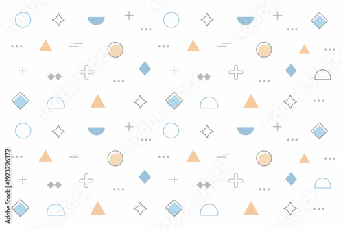 Soft geometric decorative pattern. Small-scale shapes spaced evenly with plenty of white space, creating a light and elegant background. Calm friendliness,