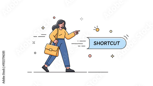 Caucasian female young character illustrating efficiency and shortcuts concept