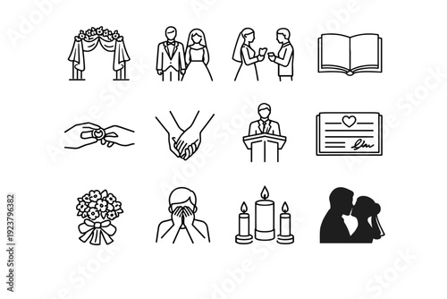 Documenting Marriage Ceremonies and Vows. Line icon set of Documenting Marriage Ceremonies and Vows: wedding arch, bride and groom, vow exchange, open vow