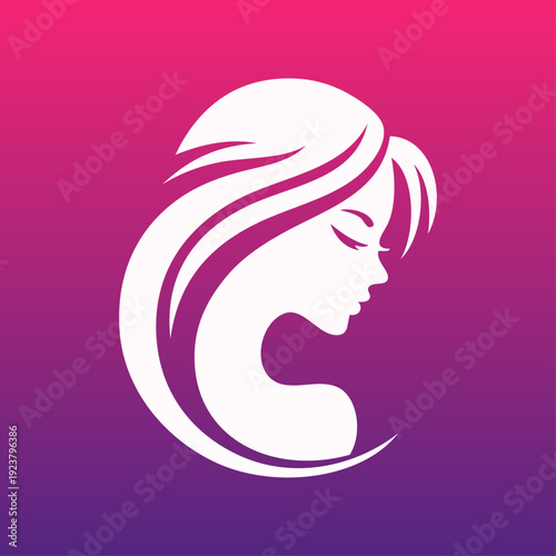 Logotipo de salón de belleza. Dibujo con silueta de cara de mujer de perfil con peinado con ondas como círculo, en fondo degradado 